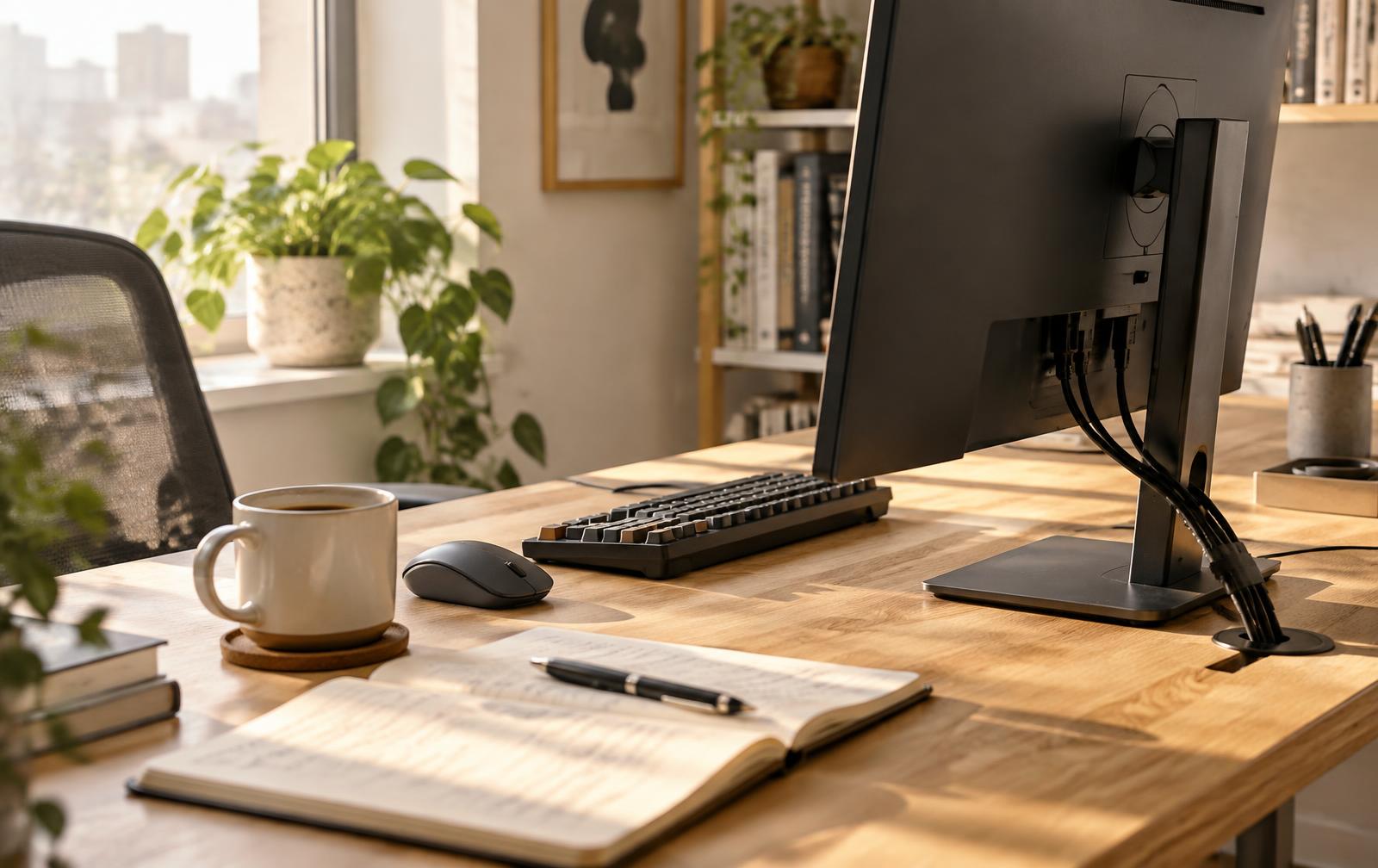 A Taskflow workstation with monitor, keyboard and working notes
