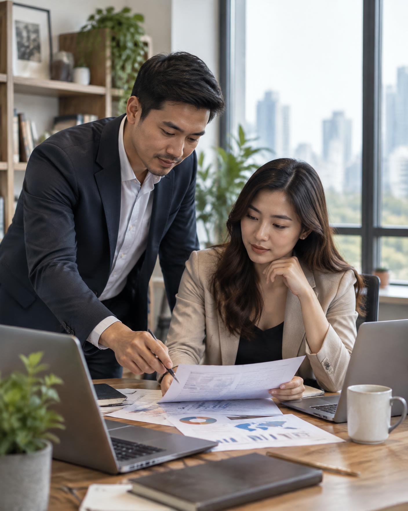 Two team members reviewing reporting together at a workstation